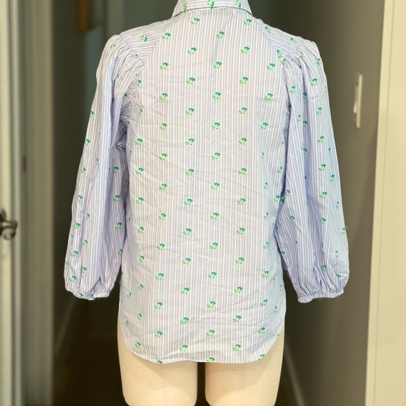 Zara Cotton, Button Down Striped Shirt with Floral Print and Puffy Sleeves - Picture 7 of 10